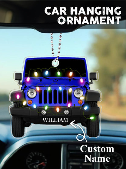 Personalised Car Christmas Ornament in clear acrylic shown with gift tag, engraved name visible — bespoke keepsake for birthdays or Valentine’s Day