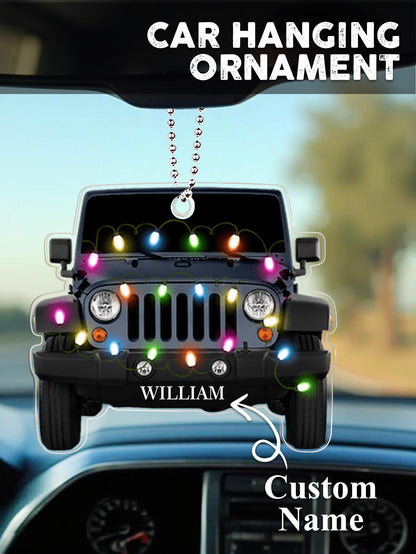Clear acrylic personalised car ornament photographed on a windowsill, engraved name reflected in natural light — elegant custom decoration