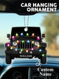 Personalised engraved car ornament pictured with protective backing removed, showing clear acrylic and detailed car silhouette