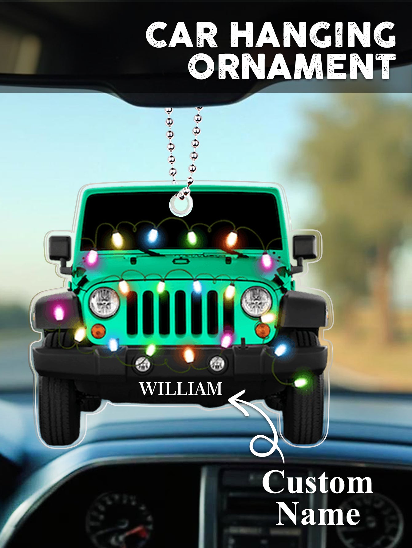 Personalised acrylic car ornament hanging against festive lights, engraved name beautifully highlighted — stylish Christmas tree decoration
