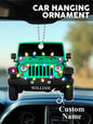 Personalised acrylic car ornament hanging against festive lights, engraved name beautifully highlighted — stylish Christmas tree decoration