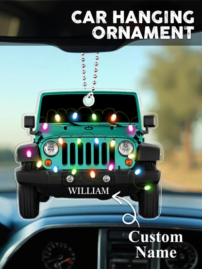 Two personalised car ornaments photographed together to showcase engraving variation and premium clear acrylic finish — ideal for families