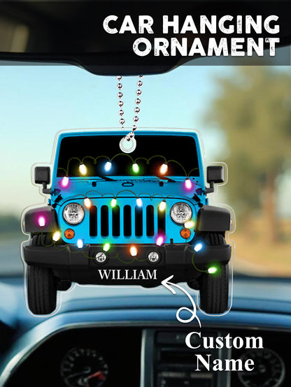 Personalised engraved car ornament presented as part of a gift set, clear acrylic keepsake personalised with a name for special occasions