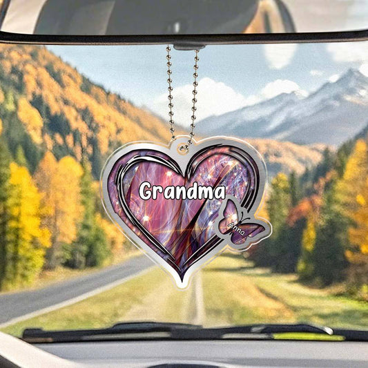 Personalised Heart and Butterfly Car Ornament with family name in clear acrylic, rearview mirror charm, memorial keepsake.