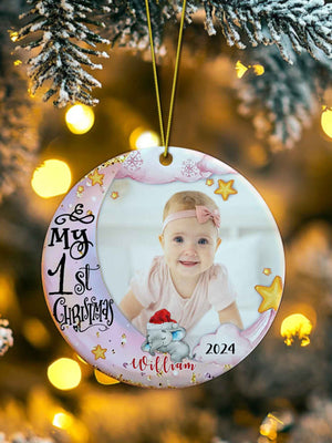 Personalized Baby's First Christmas Ornament Cute Elephant Circle Ornament Christmas Gift for Kid