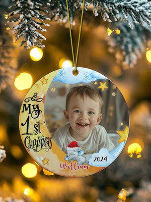 Personalized Baby's First Christmas Ornament Cute Elephant Circle Ornament Christmas Gift for Kid