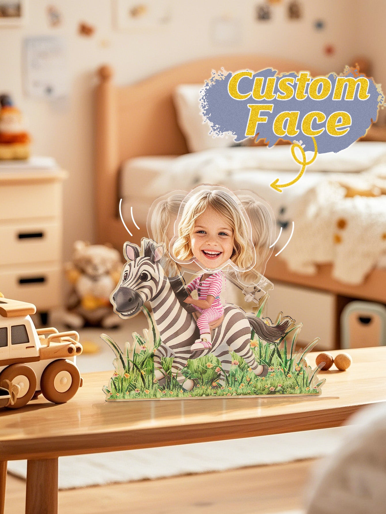 Child interacting with a personalised shaking head standee — fun custom face kids' gift and desk decoration