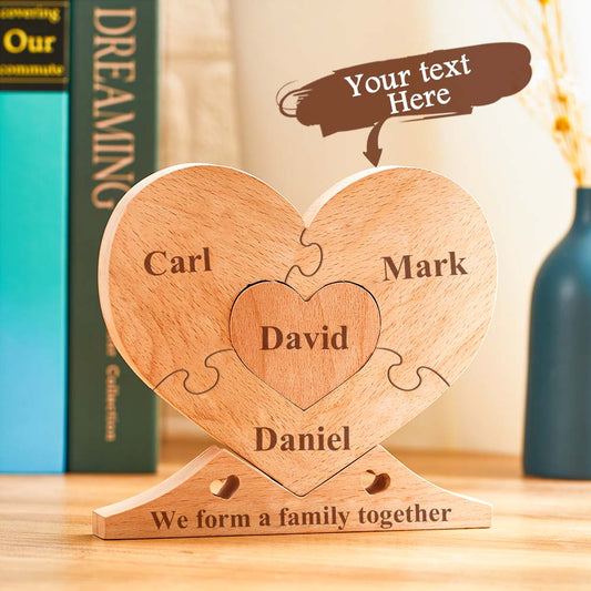 Custom engraved wooden name heart puzzle with personalised family names — handcrafted wooden heart ornament, natural finish, 18 x 16.5 cm family keepsake