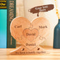 Custom engraved wooden name heart puzzle with personalised family names — handcrafted wooden heart ornament, natural finish, 18 x 16.5 cm family keepsake
