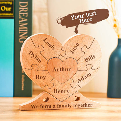 Natural wood finish and smooth edges of the custom engraved heart puzzle — tactile personalised family ornament ready for engraving