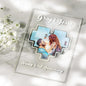 Close-up of personalised acrylic heart keyring and photo plaque — vivid printed photo finish, ideal personalised gift for anniversaries or memorials