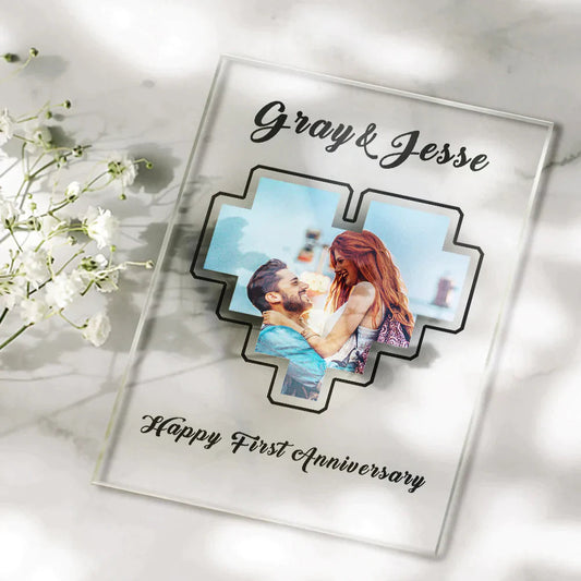 Personalised heart photo plaque with matching acrylic keyring on white background — custom anniversary gift, durable clear acrylic keepsake