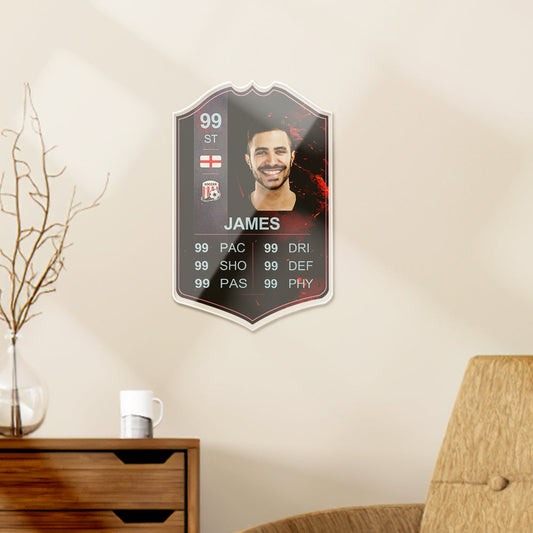 Personalised football card in acrylic featuring player portrait, club badge and grading — custom Club Legends trading card memorabilia