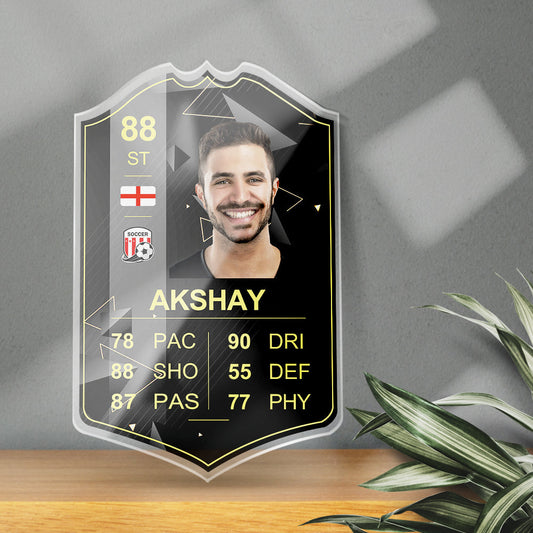 Personalised Football Card S22 Gold Inform on premium acrylic showing custom player portrait, team flag and gold trim — bespoke football gift