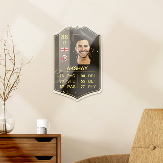 Personalised Football Card S22 Gold Inform on premium acrylic showing custom player portrait, team flag and gold trim — bespoke football gift