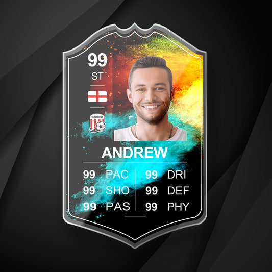 Personalised Football Cards — front view of custom acrylic player photo card with shoulder‑up headshot, team and country flags and editable grading scores, UV single‑sided printed for vivid, fade‑resistant colour