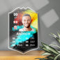 Personalised Football Cards — front view of custom acrylic player photo card with shoulder‑up headshot, team and country flags and editable grading scores, UV single‑sided printed for vivid, fade‑resistant colour