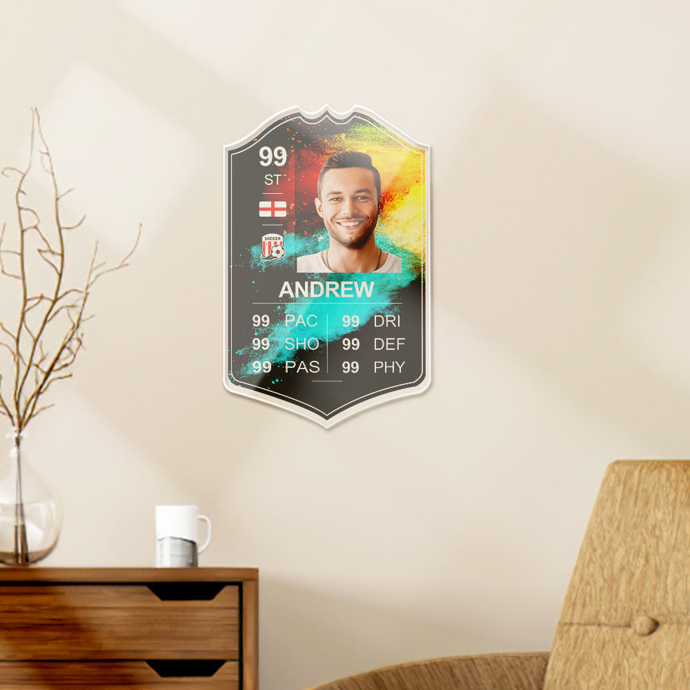 Personalised Football Cards — large custom acrylic player card close‑up showing smooth cut edges, protective film and clear acrylic transparency, UV print detail and waterproof finish for a lasting football keepsake