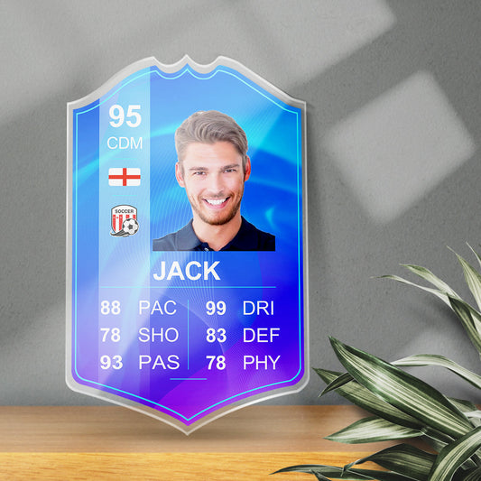 Personalised Football Trading Card S22 English League POTM on clear acrylic featuring player photo, team and country flags and custom grade — personalised photo gift for football fans
