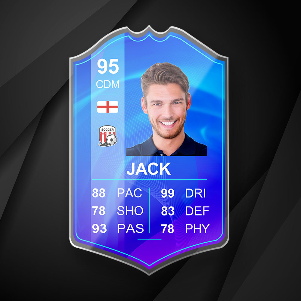 Custom acrylic football trading card angled display showing S22 English League Player of the Month layout with high-resolution print — ideal Father's Day or birthday gift for dads and grandads