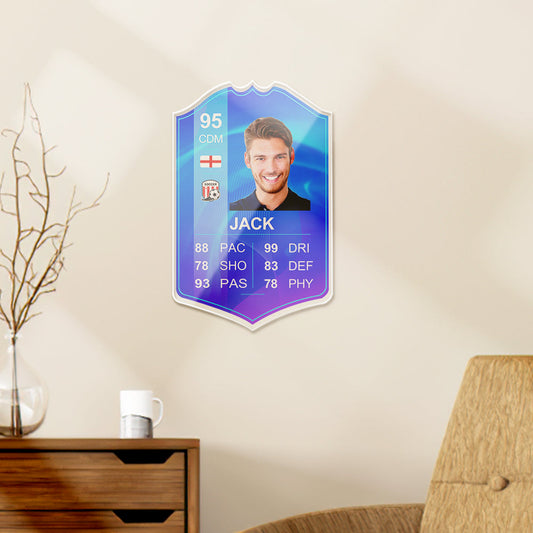 Personalised Football Trading Card S22 English League POTM on clear acrylic featuring player photo, team and country flags and custom grade — personalised photo gift for football fans