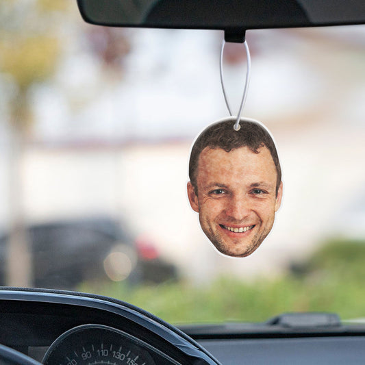 Personalised Face Car Air Freshener made from premium felt with a photo-based head, designed to hang from a rearview mirror.