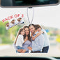Three personalised felt car air fresheners with uploaded photos hanging from a rear‑view mirror in a 3‑pack set.