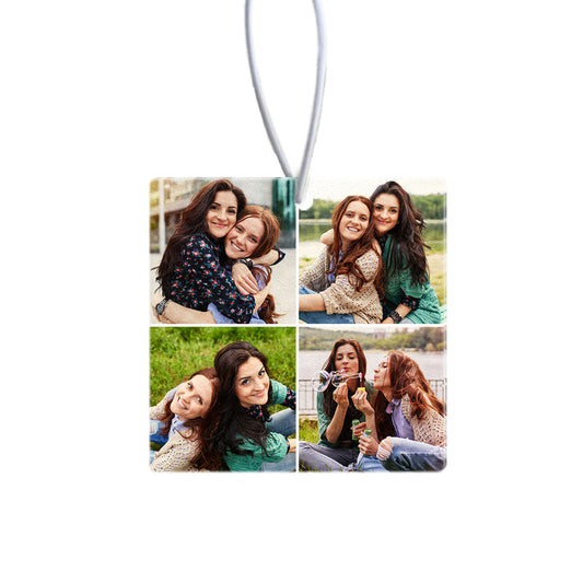 Personalised photo car air freshener hanging from a rear-view mirror with a custom collage on premium felt, available in Ocean, Wild Bluebell, Lemon or Rose fragrances.