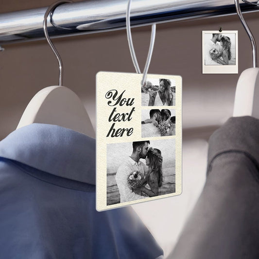 Front view of a personalised photo car air freshener in a rectangle felt ornament, designed to hang from a rear-view mirror with a custom photo and optional text.