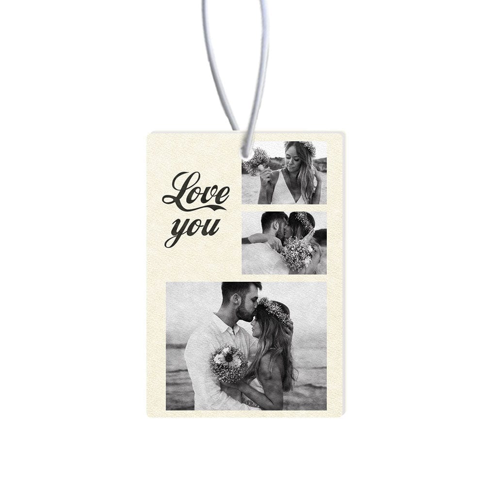 Alternate angle of the rectangle rear-view mirror ornament, featuring the custom photo print on premium felt.