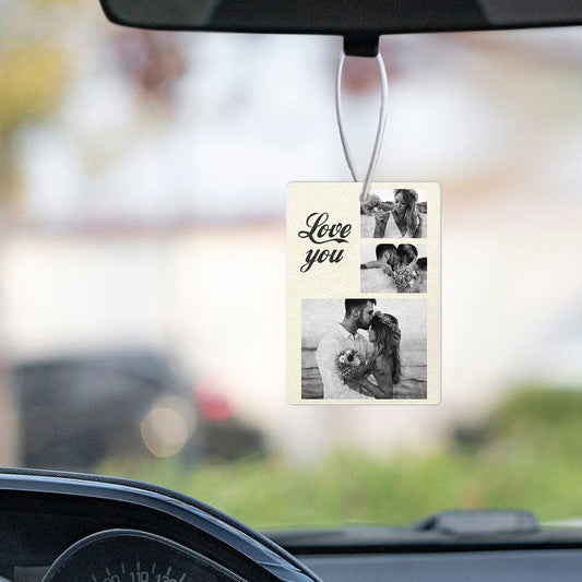 Front view of a personalised photo car air freshener in a rectangle felt ornament, designed to hang from a rear-view mirror with a custom photo and optional text.