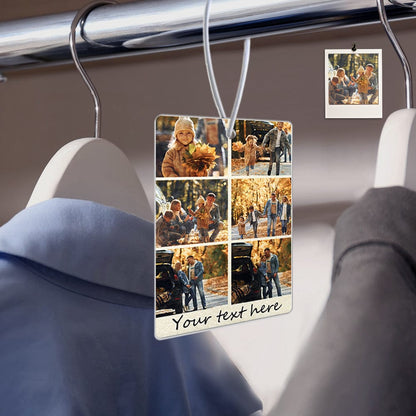 Close-up of a scented personalised air freshener in rectangle shape, with photo print on premium felt.
