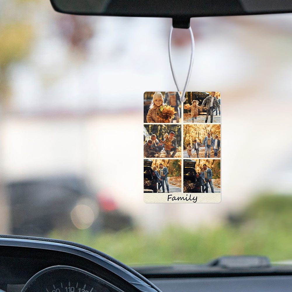 Close-up of a scented personalised air freshener in rectangle shape, with photo print on premium felt.