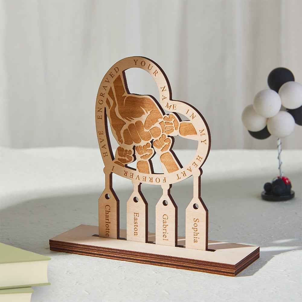 Engraved Family Hand Punch Together Shape Ornament Personalized Names Wooden Plaque Decoration