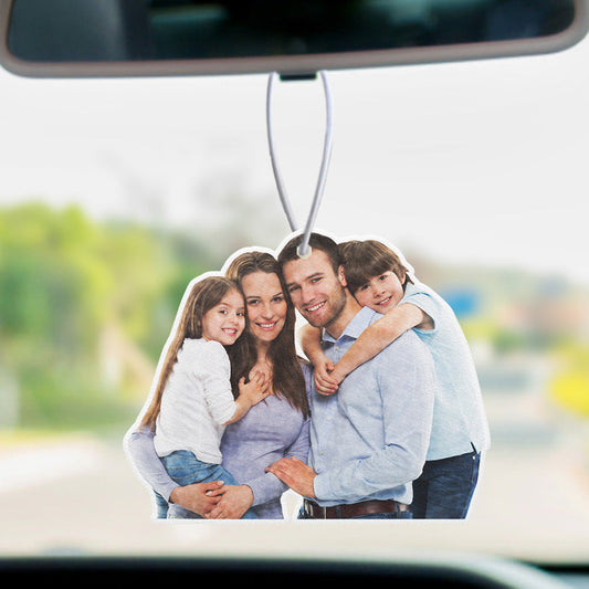 Three personalised felt car air fresheners with uploaded photos hanging from a rear‑view mirror in a 3‑pack set.
