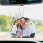 Three personalised felt car air fresheners with uploaded photos hanging from a rear‑view mirror in a 3‑pack set.