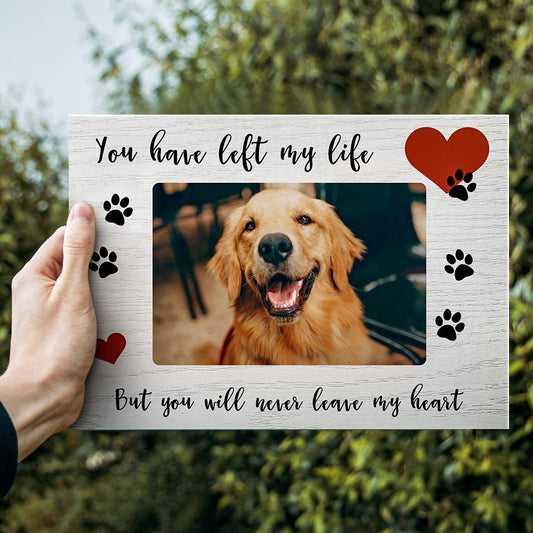 Personalised pet memorial picture frame featuring a sketch-effect portrait of a dog in a wooden frame – sympathy photo frame gift for pet lovers and grieving owners