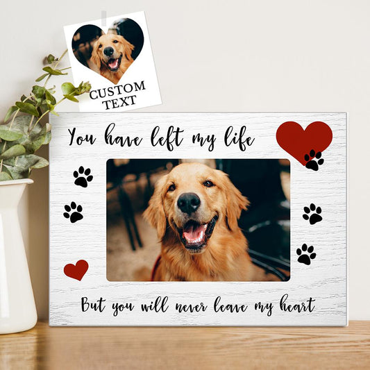 Personalised pet memorial picture frame featuring a sketch-effect portrait of a dog in a wooden frame – sympathy photo frame gift for pet lovers and grieving owners