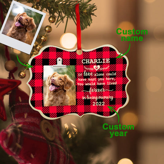 Front view of round personalised wooden pet memorial ornament featuring a printed pet photo and name engraving