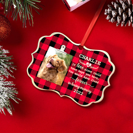 Front view of round personalised wooden pet memorial ornament featuring a printed pet photo and name engraving
