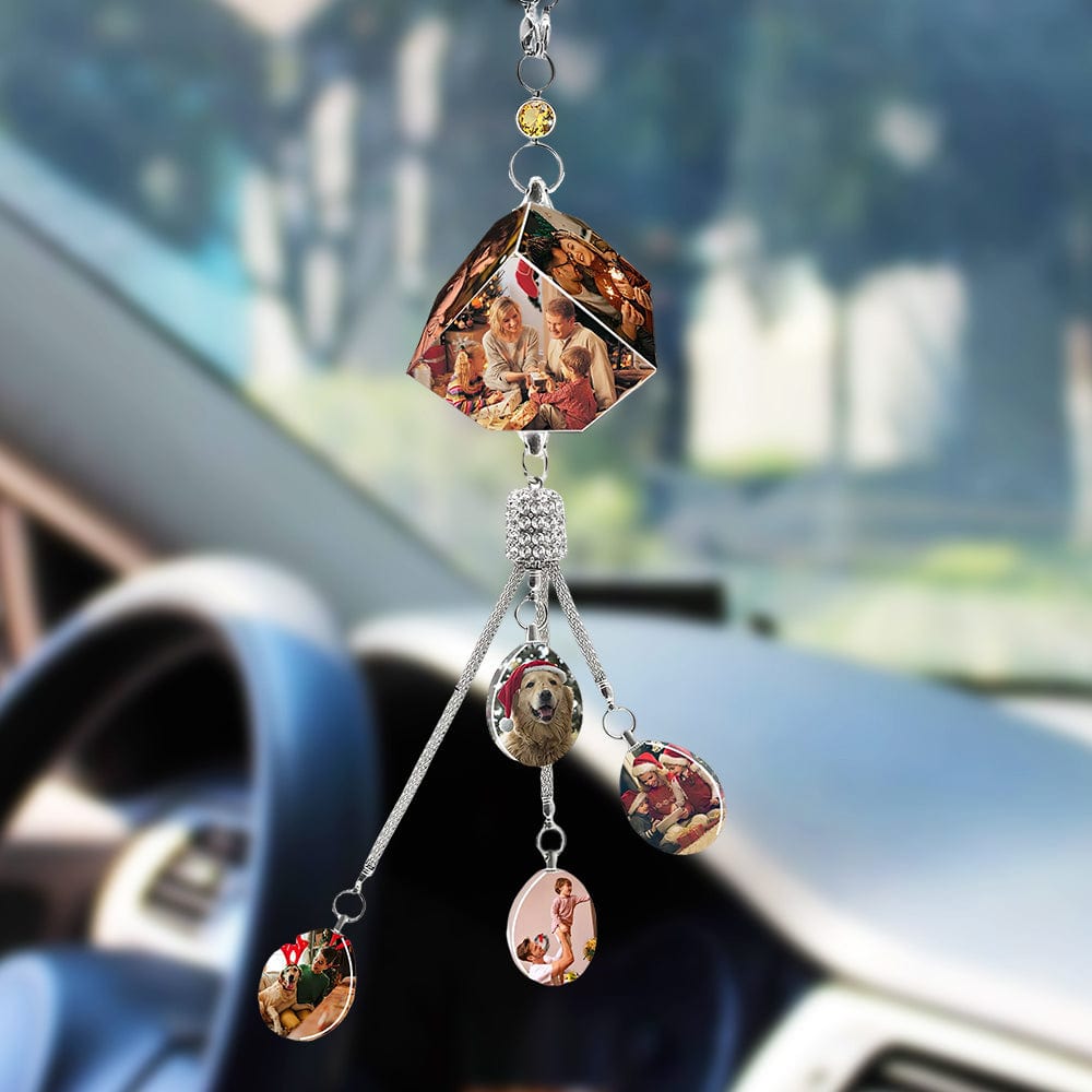 Front view of the personalised car pendant photo ornament with clear acrylic teardrop pendant and metallic fittings.