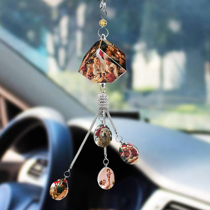 Front view of the personalised car pendant photo ornament with clear acrylic teardrop pendant and metallic fittings.