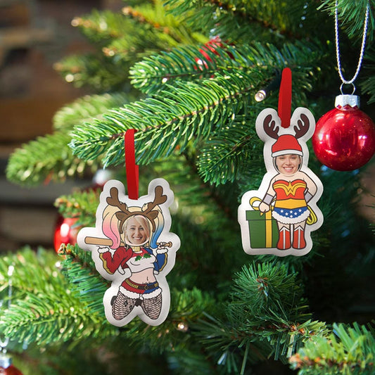 Personalised Superhero Christmas Decoration - Custom Face Hanging Ornament Gift UK