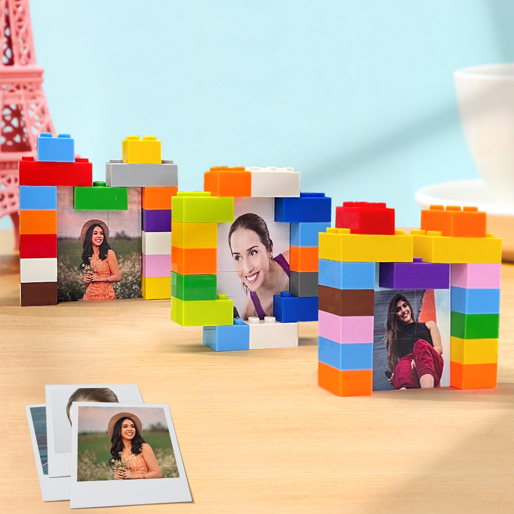 Custom MOM building brick puzzles — set of three personalised photo blocks for Mum in MOM-shaped interlocking PVC pieces with vibrant UV single-sided print, ideal Mother’s Day keepsake