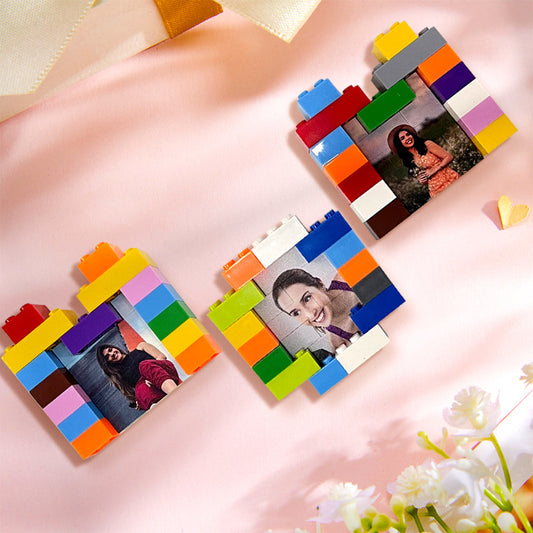 Custom MOM building brick puzzles — set of three personalised photo blocks for Mum in MOM-shaped interlocking PVC pieces with vibrant UV single-sided print, ideal Mother’s Day keepsake