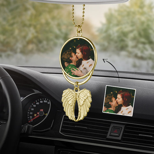 Personalised Photo Angel Wings Christmas Ornament with double-sided photo display on a zinc alloy finish, ready for engraving of a name or date.