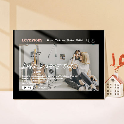 Custom photo cinema plaque displayed on a shelf — personalised movie poster keepsake for couples and gifts for him or her