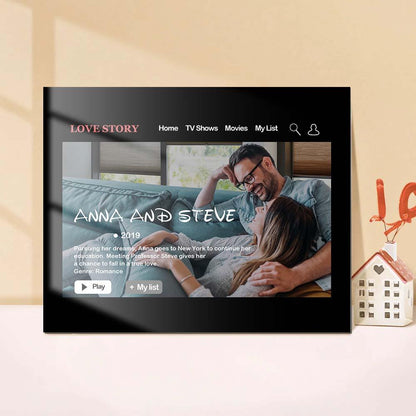 Close-up of personalised movie poster plaque showing bespoke title and custom credits — ideal personalised Valentine gift