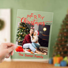 Custom Chirstmas Family Photo Arylic Plaque with Family Name Desk Top Sign