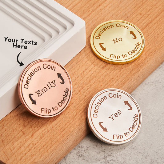Personalised Decision Coin with sample name and date engraving presented as a proof-style layout, ideal birthday or Secret Santa personalised pocket token